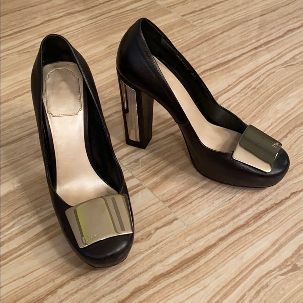 Dior Black 37 7 Block Heels Shoes Metal Pumps